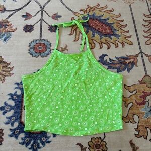 BP Neon Green Halter Tie Neck Floral Printed Crop Tank Top Medium Y2K